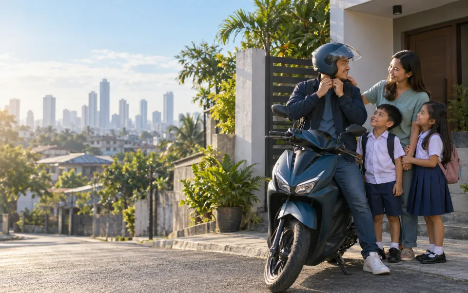 A family beside their motorcycle
