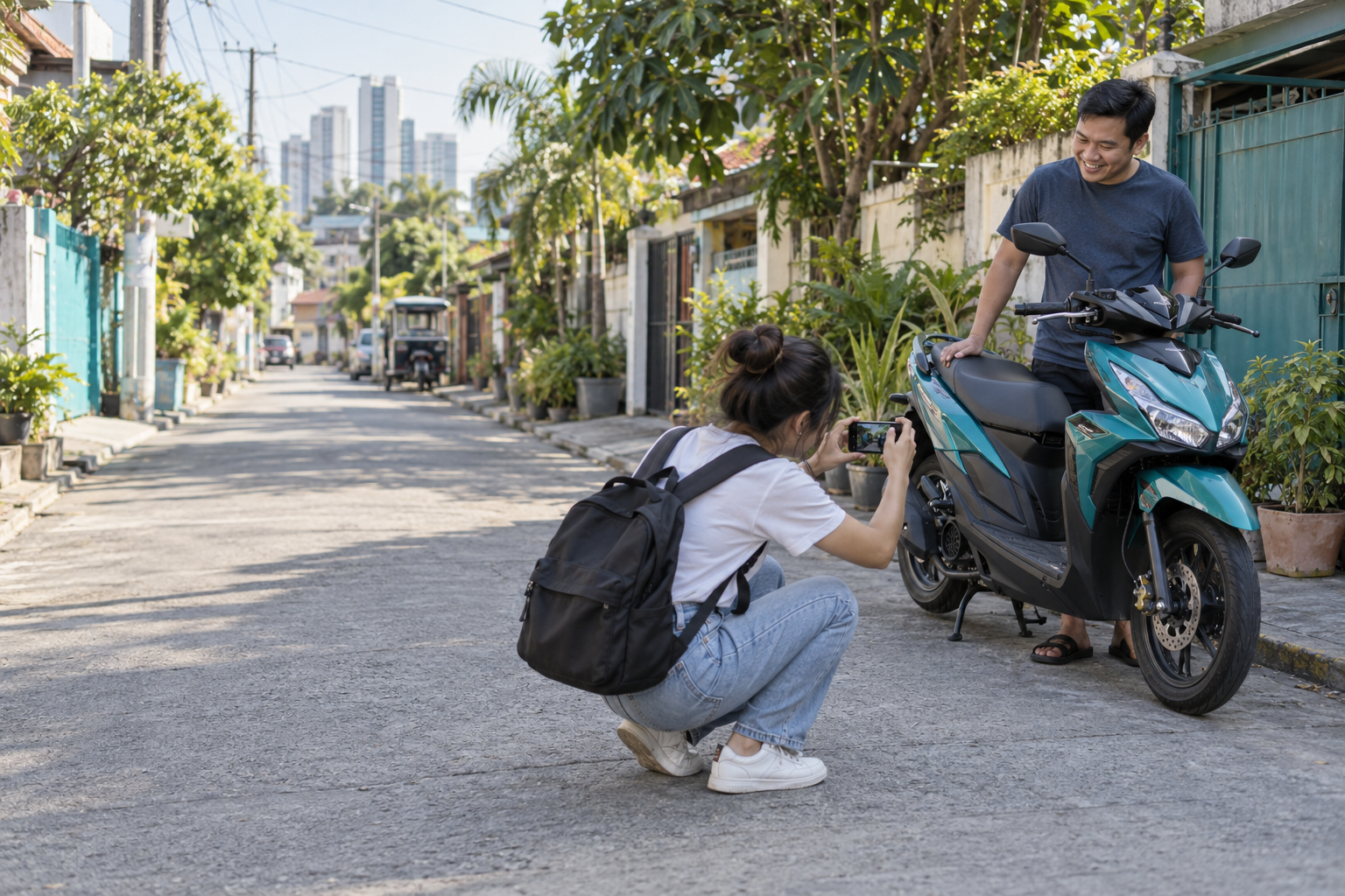 A student photographing a motorcycle owner in a Metro Manila neighborhood
